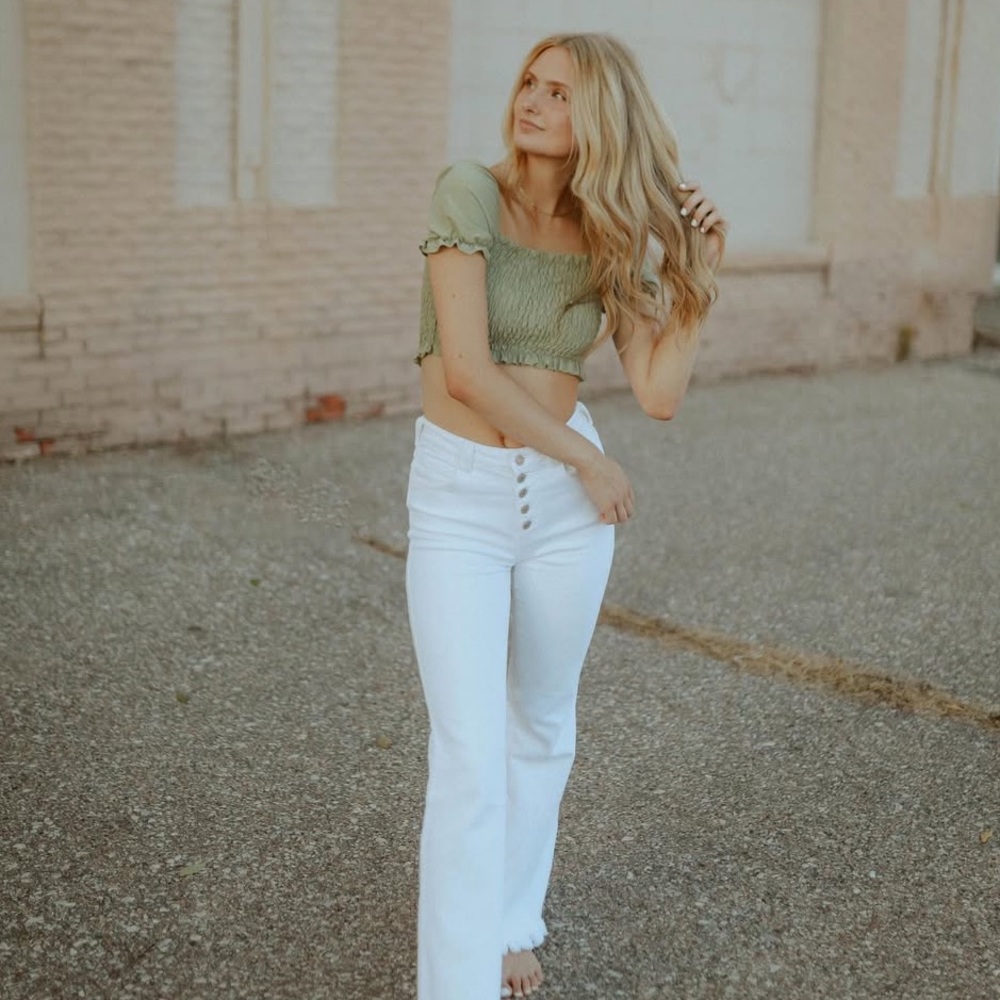 Green Smocked Puff Sleeve Top
